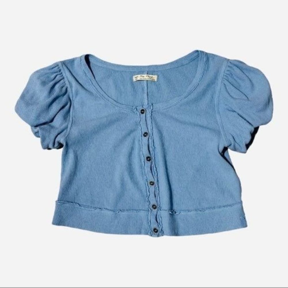 Free People We The Free Molly Ribbed Crop Top Blue Size S Puff Sleeve - Picture 5 of 10